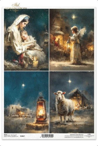 Papier ryżowy do decoupage R2867 Boże Narodzenie szopka Jezus Maria Józef anioł gwiazda Betlejem stajenka owce noc religia święta.png