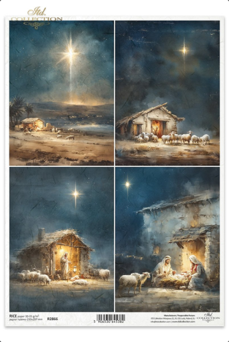 papier ryżowy do decoupage R2866 Boże Narodzenie szopka Jezus Maria Józef anioł gwiazda Betlejem stajenka owce noc religia święta.png