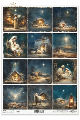 papier ryżowy do decoupage R2865 Boże Narodzenie szopka Jezus Maria Józef anioł gwiazda Betlejem stajenka owce noc religia święta.png