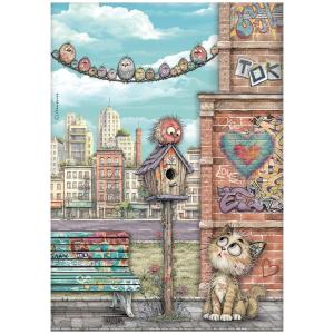 Papier ryżowy A4 DFSA41171 Furry Friends 2 Kot i ptaszki