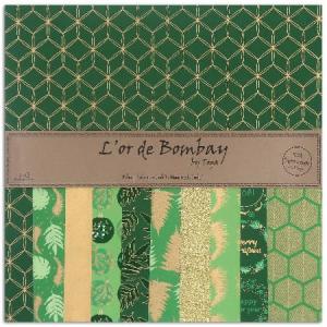 Papier scrap 10 kartek 30,5x30,5cm złoto bombaju zielony